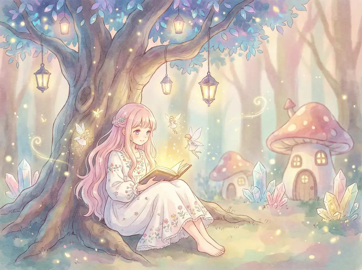 小萝莉 - 魔法森林中阅读故事书的粉发少女与精灵